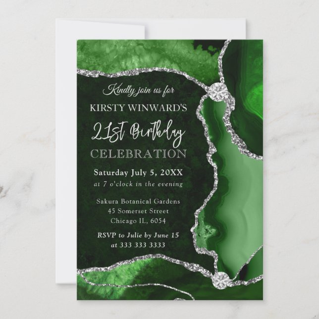Invitación Cumpleaños de Ágata Falsa Verde y Plateado Brillan (Anverso)