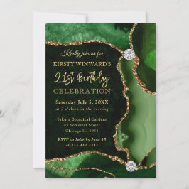 Invitación Cumpleaños de Ágata Faux Brillante Verde y Dorado