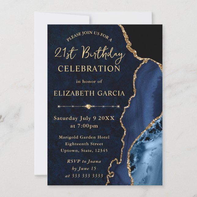 Invitación Cumpleaños de ágata y mármol con brillo azul y dor (Anverso)