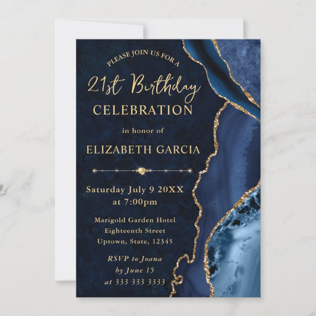 Invitación Cumpleaños de ágata y mármol con brillo azul y dor (Anverso)