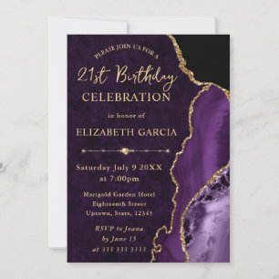 Invitación Cumpleaños de ágata y mármol con brillo púrpura y 