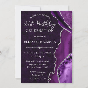 Invitación Cumpleaños de ágata y mármol con brillo púrpura y