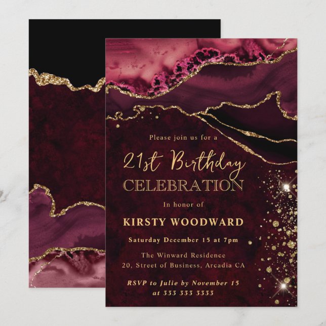 Invitación Cumpleaños de Agate Purpurina Rojo y Oro (Anverso / Reverso)