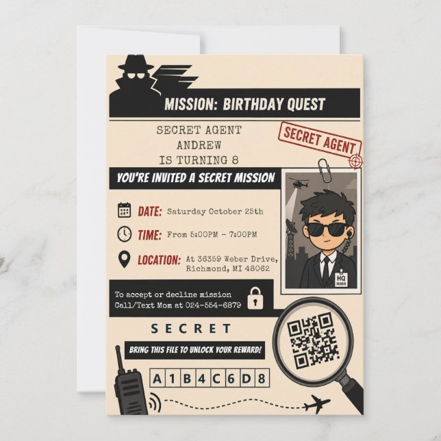 Invitación Cumpleaños de Agente Secreto Espía Personal (Anverso)