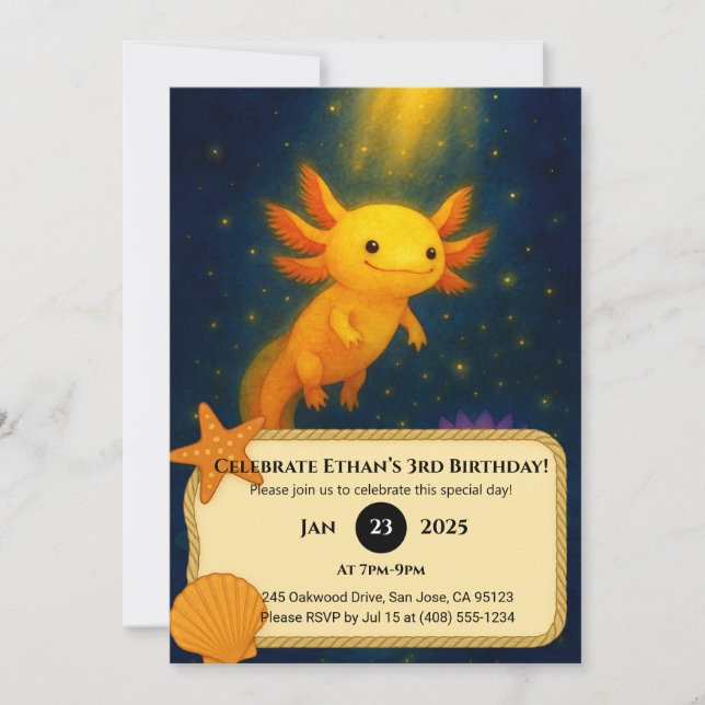 Invitación Cumpleaños de Ajolote con Resplandor Dorado (Anverso)