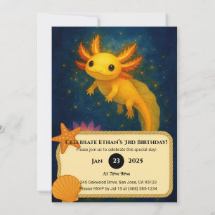 Invitación Cumpleaños de Ajolote Dorado sobre Estanque de Lot