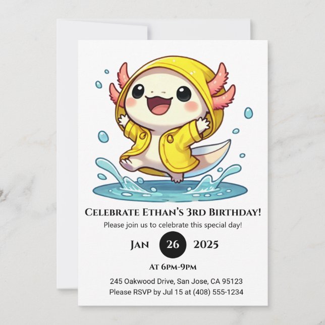Invitación Cumpleaños de Ajolote en Día Lluvioso (Anverso)