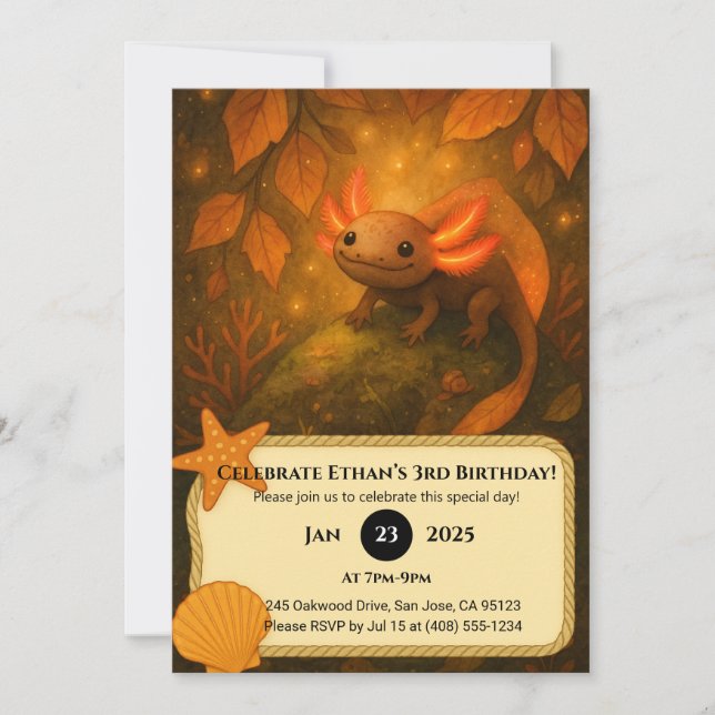 Invitación Cumpleaños de Ajolote en el Bosque de Otoño  (Anverso)