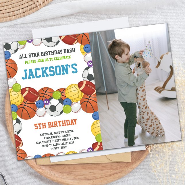 Invitación Cumpleaños de All Stars White Sports Fiesta con fo (All Stars White Sports Party Birthday with photo Invitation)
