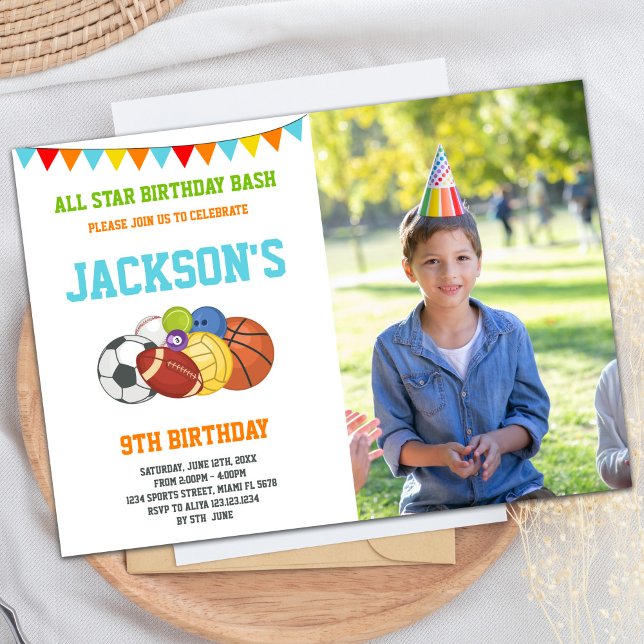 Invitación Cumpleaños de All Stars White Sports Fiesta con fo (All Stars White Sports Party Birthday with photo Invitation)