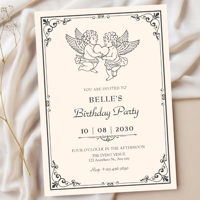 Invitación cumpleaños de ángeles elegantes vintage (Subido por el creador)