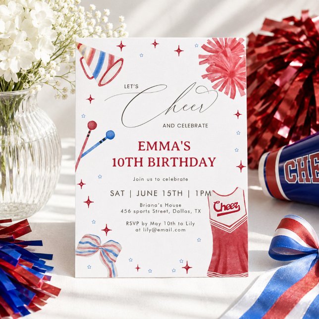 Invitación Cumpleaños de animadoras rojo azul Coquette Bow Gi (Subido por el creador)