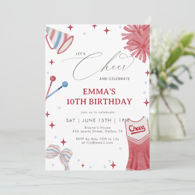 Invitación Cumpleaños de animadoras rojo azul Coquette Bow Gi (Anverso de pie)