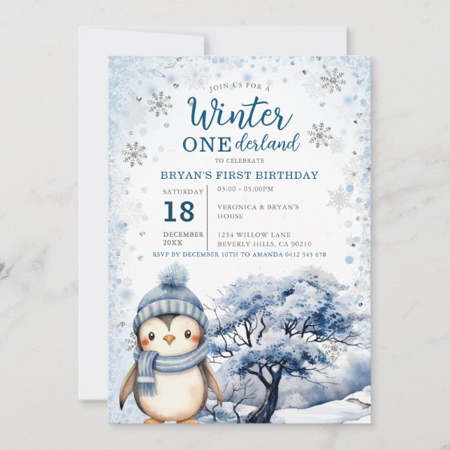 Invitación Cumpleaños de animales árticos pingüino invierno O (Anverso)