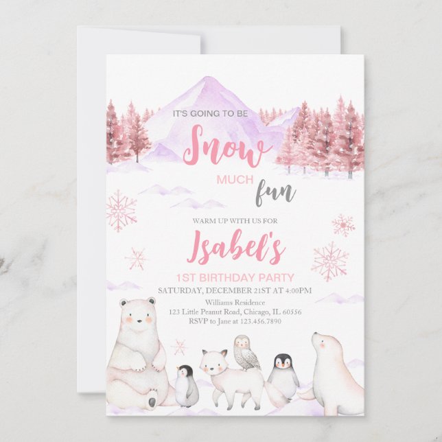 Invitación Cumpleaños de Animales Árticos Rosados (Anverso)