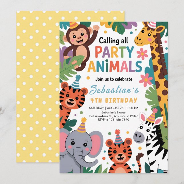 Invitación Cumpleaños de Animales de Fiesta en la Jungla (Anverso / Reverso)