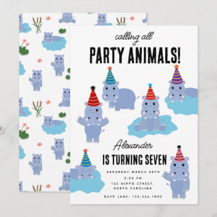 Invitación Cumpleaños de Animales de Fiesta Hipopótamo Hippop