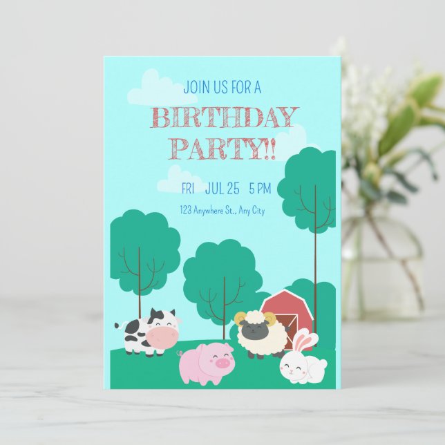 Invitación Cumpleaños de animales de granja, Animales de gran (Anverso de pie)
