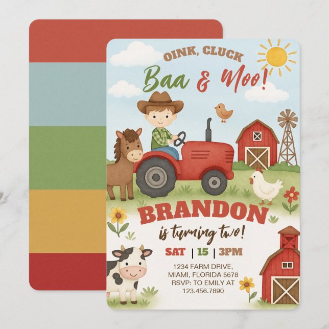 Invitación Cumpleaños de animales de granja editables (Anverso / Reverso)