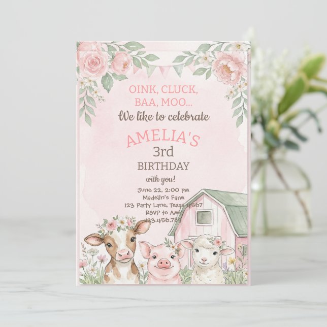 Invitación Cumpleaños de animales de granja lindos Oink Baa Q (Anverso de pie)