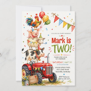 Invitación Cumpleaños de Animales de Granja Tractor Rojo