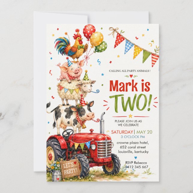 Invitación Cumpleaños de Animales de Granja Tractor Rojo (Anverso)