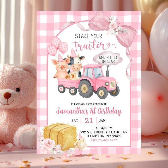 Invitación Cumpleaños de Animales de Granja Tractor Rosa Comi (Subido por el creador)