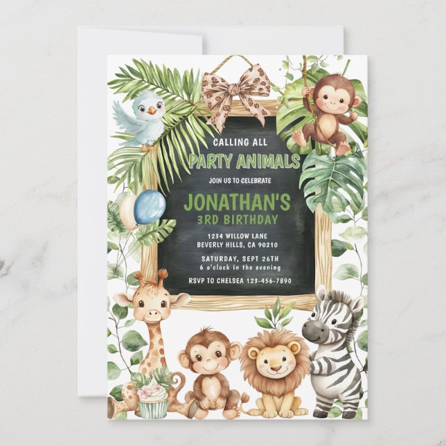 Invitación Cumpleaños de animales de la jungla Safari con veg (Anverso)