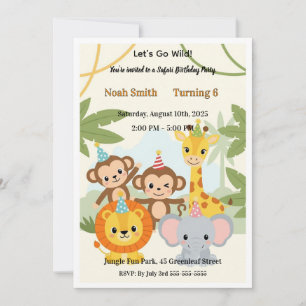 Invitación Cumpleaños de Animales de la Selva Safari Divertid