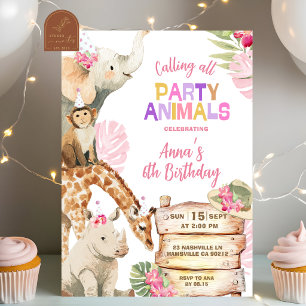 Invitación Cumpleaños de animales de safari rosa de niña safa