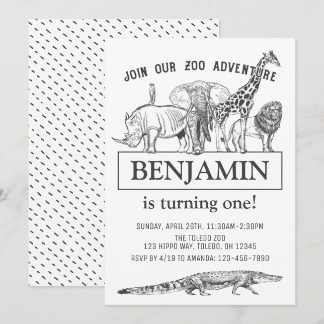 Invitación Cumpleaños de animales de zoológico blancos y negr (Anverso / Reverso)