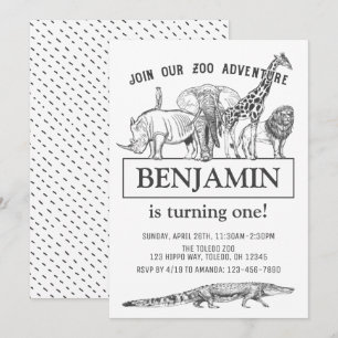 Invitación Cumpleaños de animales de zoológico blancos y negr
