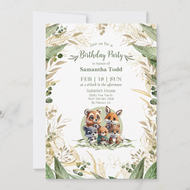 Invitación Cumpleaños de Animales del Bosque Amigables (Anverso)