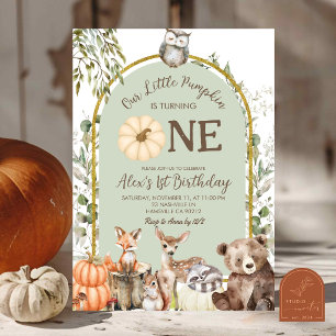 Invitación Cumpleaños de animales del bosque de calabaza verd
