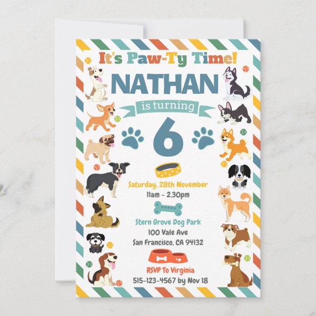 Invitación Cumpleaños de Animales Perritos Fiesta (Anverso)