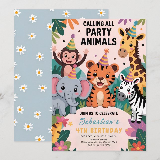 Invitación Cumpleaños de Animales Salvajes Safari (Anverso / Reverso)