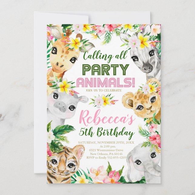 Invitación Cumpleaños de animales salvajes y cinco Fiestas (Anverso)