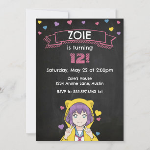 Invitación Cumpleaños de Anime Chica Corazones de Paz