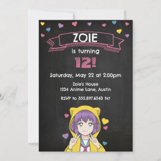 Invitación Cumpleaños de Anime Chica Corazones de Paz