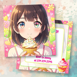 Invitación Cumpleaños de Anime Chica y Cupcake  