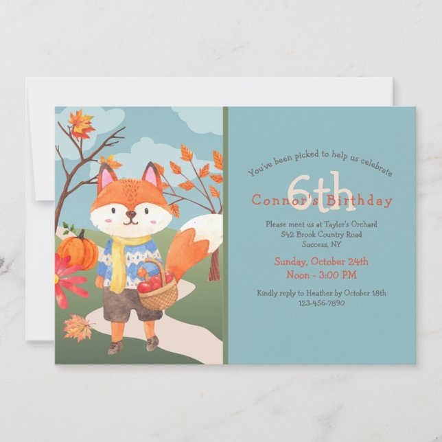 Invitación Cumpleaños de Apple Picking Fox (Anverso)