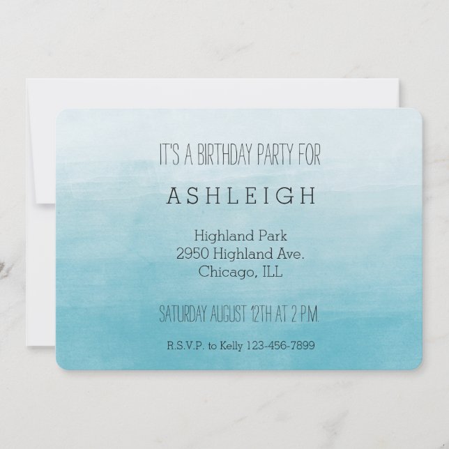 Invitación Cumpleaños de Aqua Bliss Watercolor Ombre (Anverso)