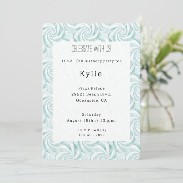 Invitación Cumpleaños de Aqua Mint White Swirls (Anverso de pie)