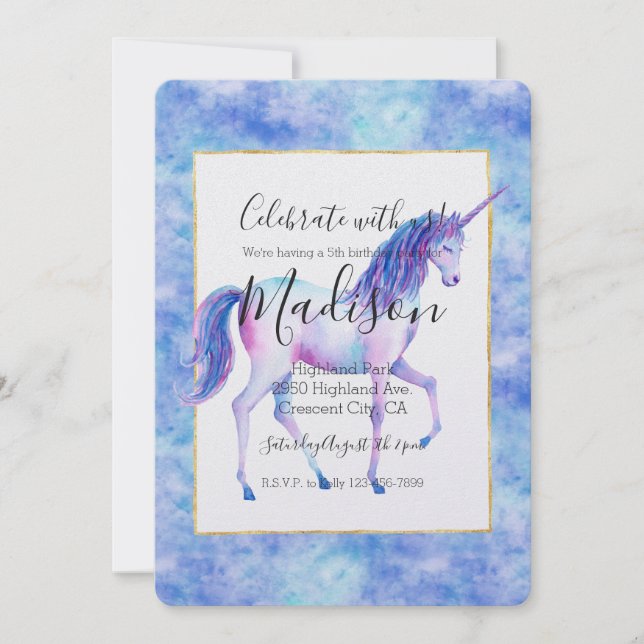 Invitación Cumpleaños de Aqua Purple White Unicornios (Anverso)