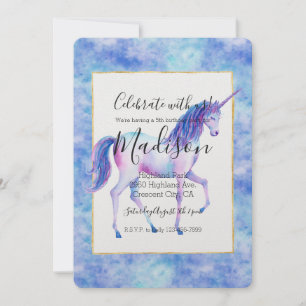 Invitación Cumpleaños de Aqua Purple White Unicornios