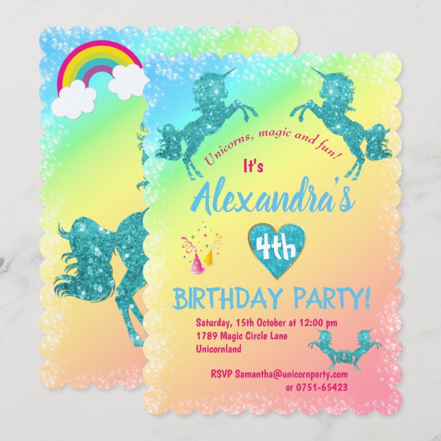 Invitación Cumpleaños de Aqua Purpurina Unicornios (Anverso / Reverso)