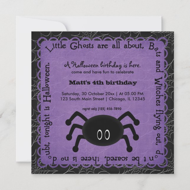 Invitación Cumpleaños de Araña de Hocus Pocus (Púrpura) (Anverso)