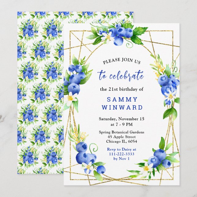 Invitación Cumpleaños de Arándanos y Follaje (Anverso / Reverso)