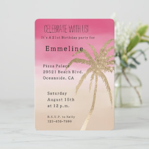 Invitación Cumpleaños de árbol de palma tropical de oro rosa 
