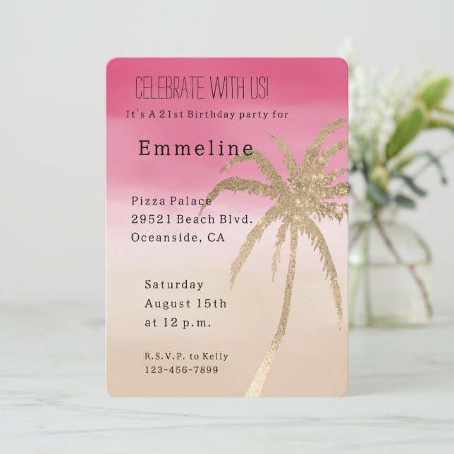 Invitación Cumpleaños de árbol de palma tropical de oro rosa  (Anverso de pie)
